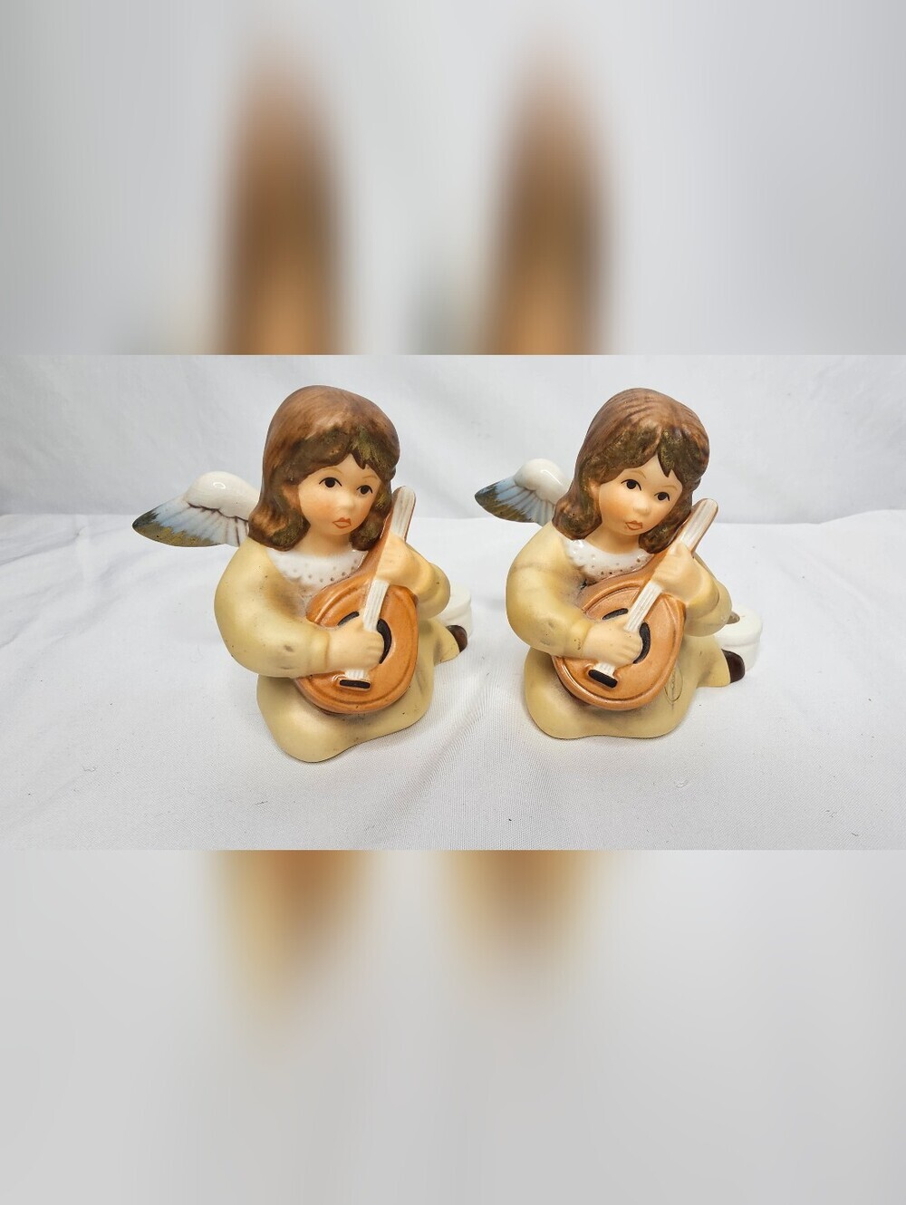 70's Goebel W. Germany Porcelain Angel Candle Holder Pair Playing Mandolin Lute